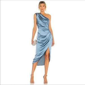 Elliatt Revolve Cassini One-Shoulder Satin Ruched Gown Dress Slit Blue Formal XS